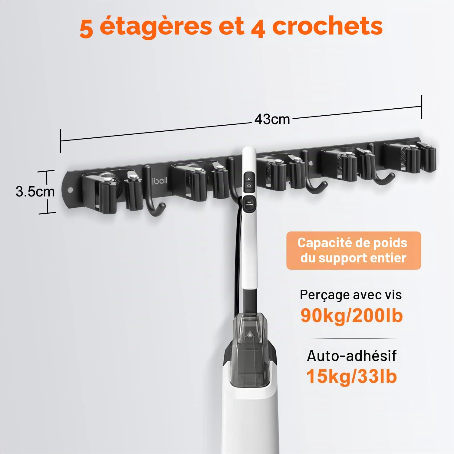 ibell 2 Pièces Accroche Balai Mural, Porte Balai Mural en Acier Inoxydable avec 10 Emplacements et 8 Crochets, Support Cintre de Rangement pour Cuisine Jardin Garage