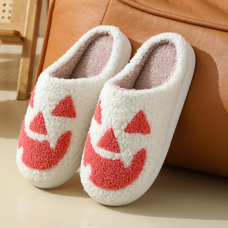 FAYUEKEY Spooky Pumpkin Slippers for Women Men House Memory Foam Fuzzy Halloween Ghost Holiday Bedroom Slippers4