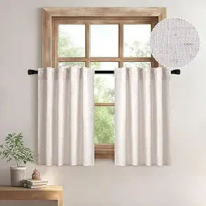 MIULEE Farmhouse Kitchen Curtains 36 Inch Length 2 Panels, Soft Thick Linen Textured Natural White Semi Sheer Light Filtering Short Cafe Tier Curtains for Small Half Window Back Tab Rod Pocket