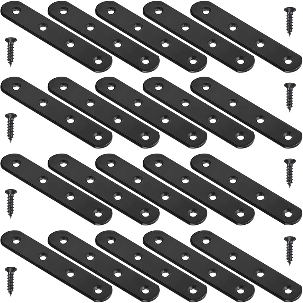 Paquete de 20 soportes rectos negros de 4 pulgadas, placas planas de acero inoxidable, soportes de unión de fijación de reparación resistentes para muebles de madera con tornillos