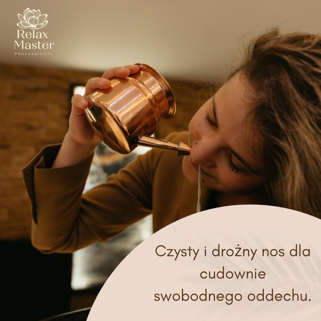 Relax Master® Miedziany Neti Pot Prysznic do Nosa ze Skrobaczką do Języka – Ajurwedyjska Higiena Nosa i Jamy Ustnej – Jala Neti Zestaw do Jogi, Zatok, Alergii – Luksusowe Pudełko Prezentowe