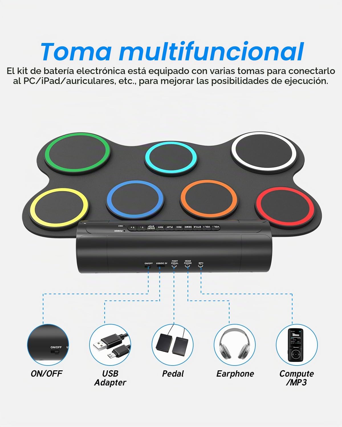 Batería electrónica, 7 almohadillas, batería electrónica plegable con baquetas y altavoces duales, juego de batería eléctrica portátil de color para niños, principiantes, cumpleaños y regalo