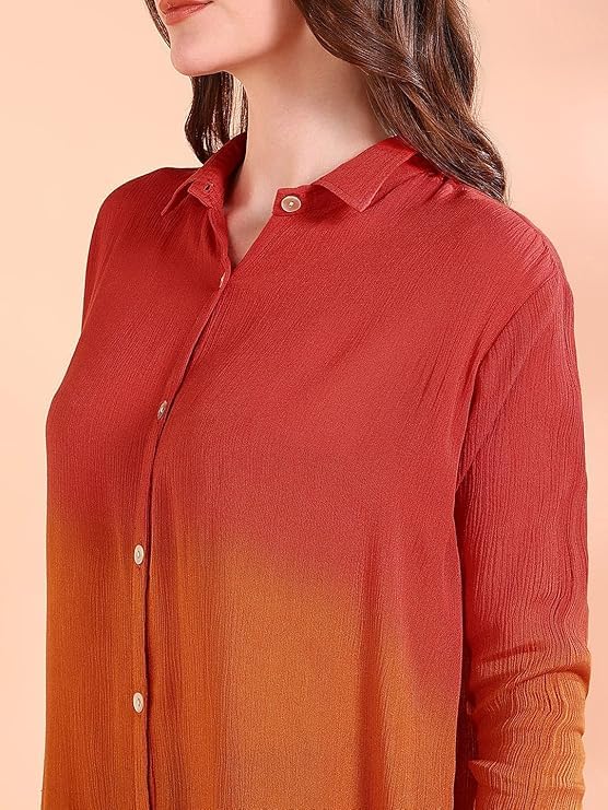 Image of Maaesa Women Handmade Ombre Tie & Dye Rayon Shirt | Relaxed Fit | Lightweight Breathable | Long Sleeve Button-Down | Classic Collar | Casual & Office Wear