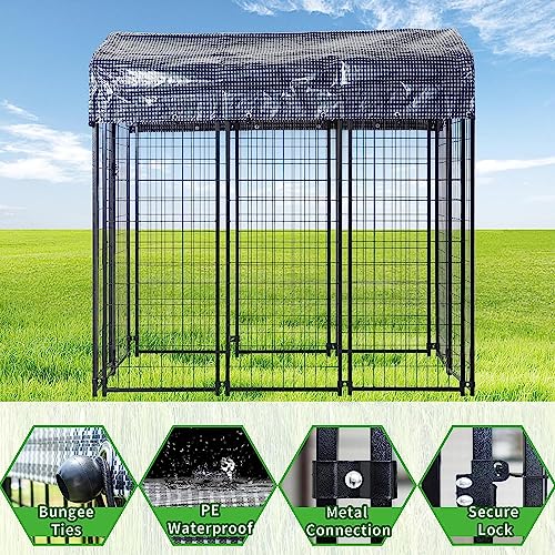 HITTITE Large Outdoor Dog Kennel, Heavy Duty Outdoor Fence Dog Cage, Anti-Rust Dog Pens Outdoor Dog Fence with Waterproof UV-Resistant Cover and Secure Lock for Backyard,6'L x4' W x 6'H (with Roof)