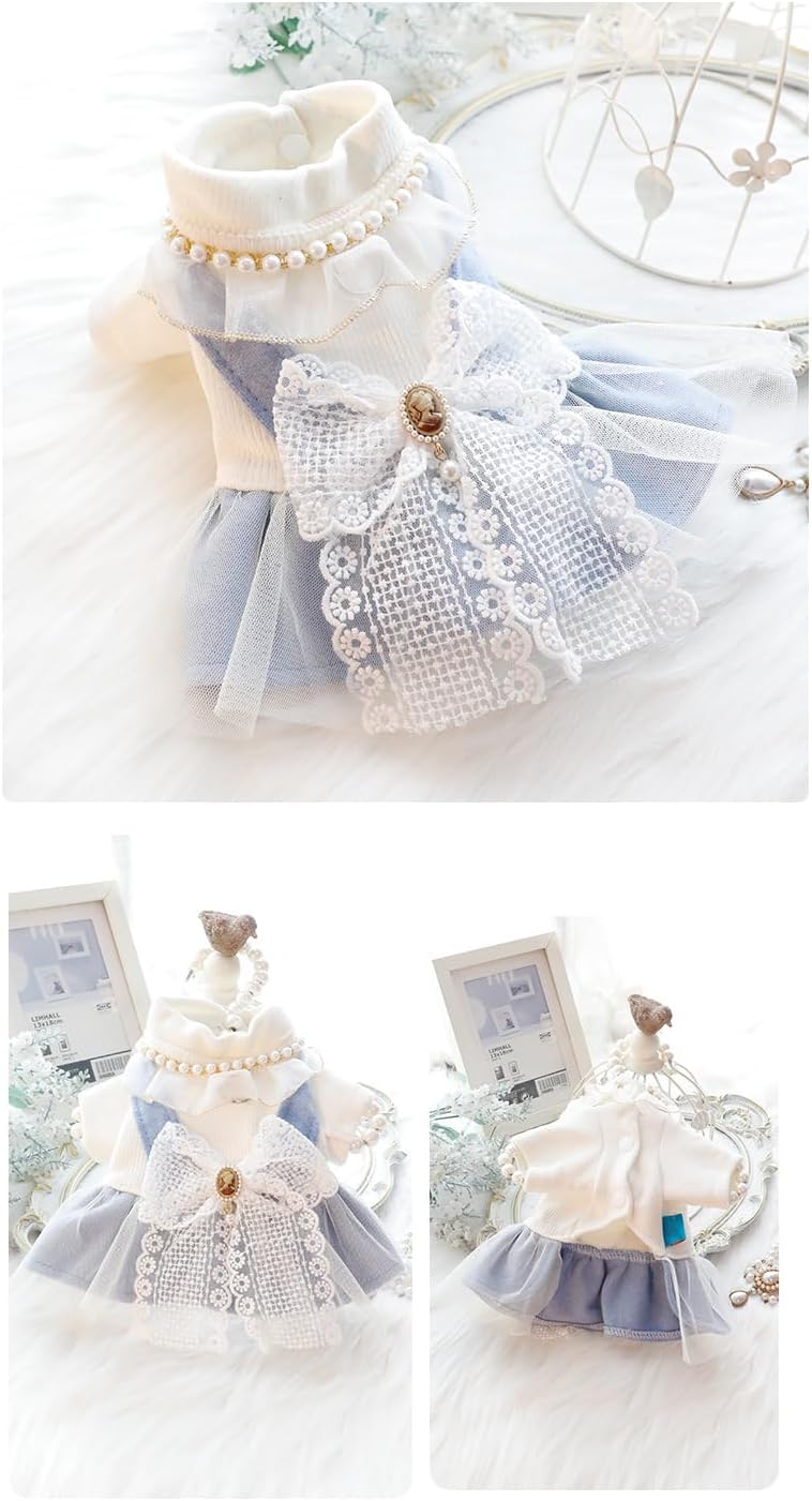 AZA Dog Princess Dresses for Small Dogs Lolita Clothes Bow Costume Pet Girl Cute Coat Outfits Fall Blue Costumes (S,Blue)