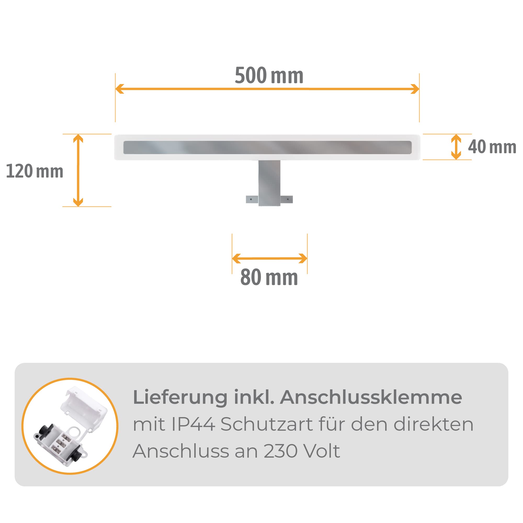 SSC-LUXon LINA Spiegelleuchte Bad 50cm LED warmweiß 230V – Badezimmer Lampe Spiegellampe silber glänzend 3-in-1 Spiegelbeleuchtung Möbelleuchte Spiegelschrank
