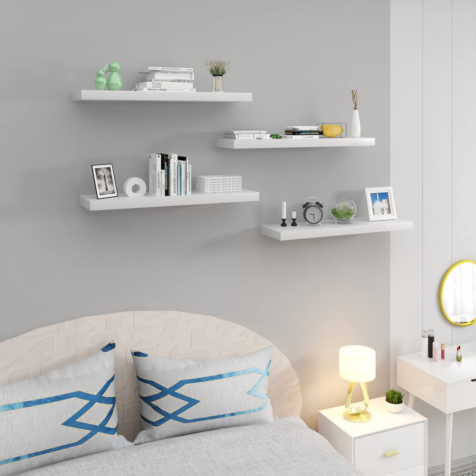 WOLTU Mensola da Muro, Set di 4, Scaffale Sospeso da Parete Libreria Piccola per Soggiorno Cameretta Porta CD DVD, Pannello MDF 100x22,9x3,8cm, Bianco, RG9482ws-4-FL