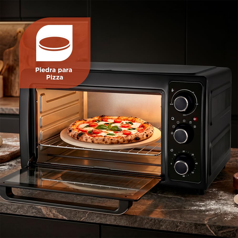 Four de table 48 l, convection, 5 fonctions de cuisson, 2000 W, contrôle mécanique, température max 230°, minuterie 60 min, avec plateau, grille métallique et pierre à pizza
