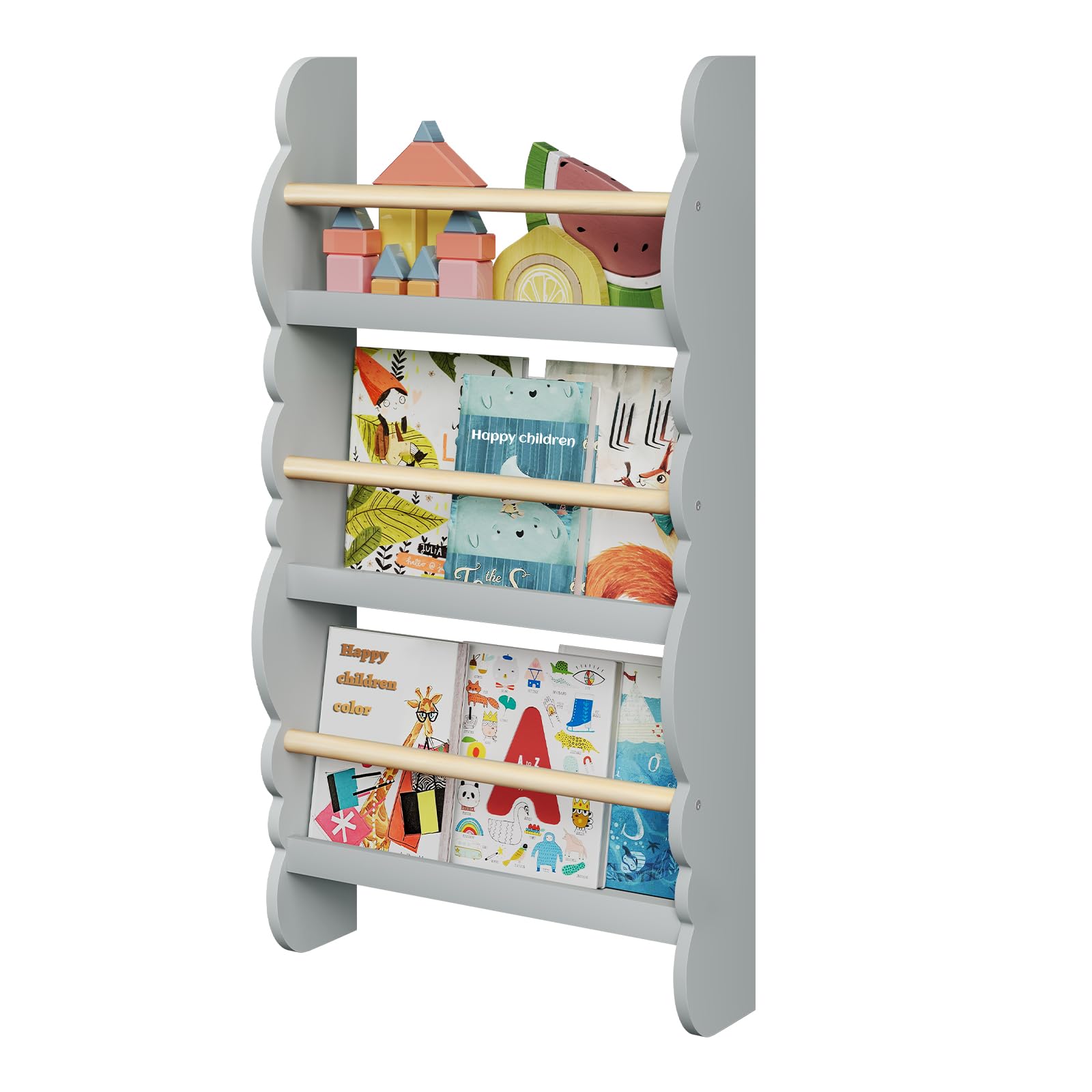 WOLTU Kinder Bücherregal Wand, Bücher-Organizer mit 3 Ablagen, Kinderregal für Buchaufbewahrung, Wandregal Kinderzimmer aus Kiefernholz E1 MDF, für Spielzimmer, Grau