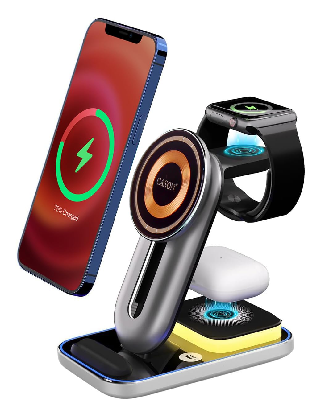 Cason 23W Certified Qi2 Wireless Charger for iPhone,Magnetic 3 in 1 Mag Safe Wireless Charging Pad/Stand,Fast Charging Dock for iPhone 13,14,15,16 & S23,S24 Ultra (Mettalic Grey)