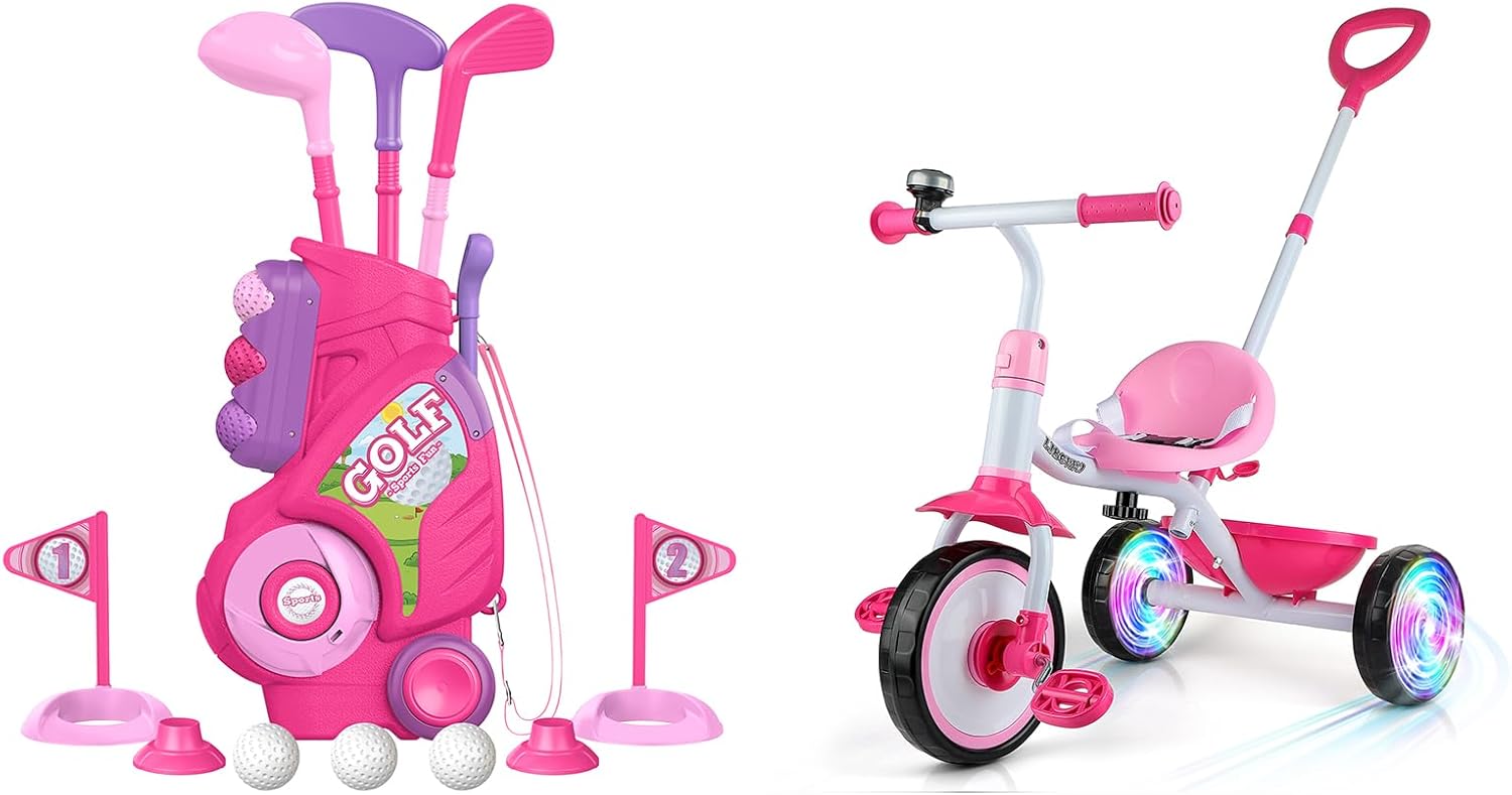 Liberry Toddler Toys for 2 3 4 Years Old Girls Boys Christmas Birthday Gift, Kids Light Up Push Tircycle and Golf Set, Pink