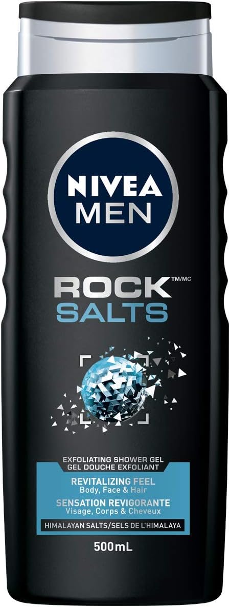 NIVEA MEN Rock Salt Exfoliating Shower Gel, 3‑in‑1 Body Wash for Men with Himalayan Rock Salts, Deeply Cleanses Sweat & Dirt for Body, Face & Hair, pH Balanced, Paraben Free, All Skin Types, 500 ml