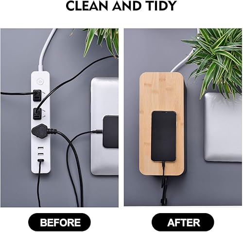 Miniatura 6 de Paquete de 2 cajas grandes para organizar cables, caja organizadora de cables de estilo madera y cubierta para cables de TV, computadora, enrutador,