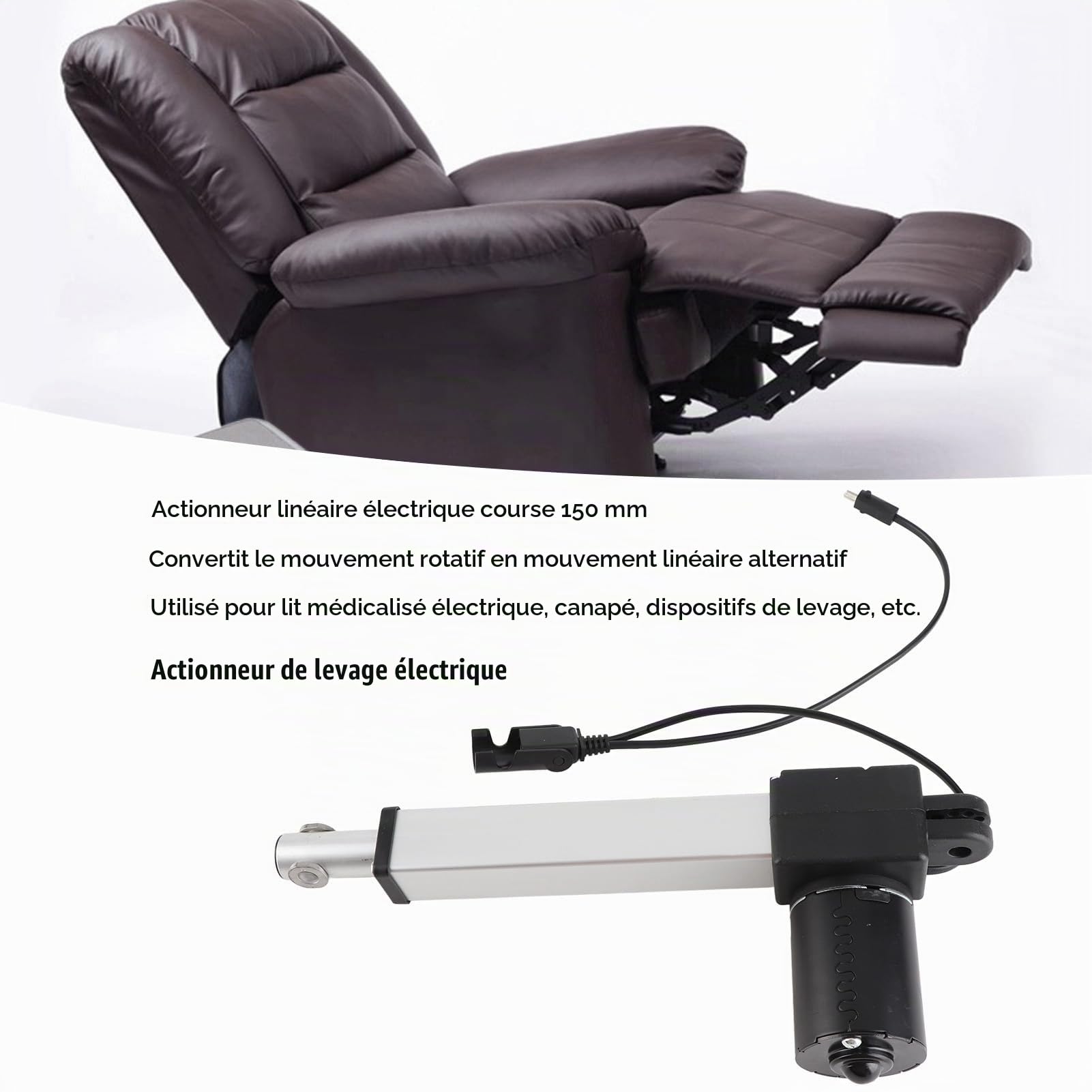 Fockety Actionneur électrique linéaire, Course de 150 mm DC 29V 4500N Actionneur linéaire de Course de 7 mm/s Actionneur électrique à Course Robuste pour Fauteuil inclinable, Ascenseur, domotique