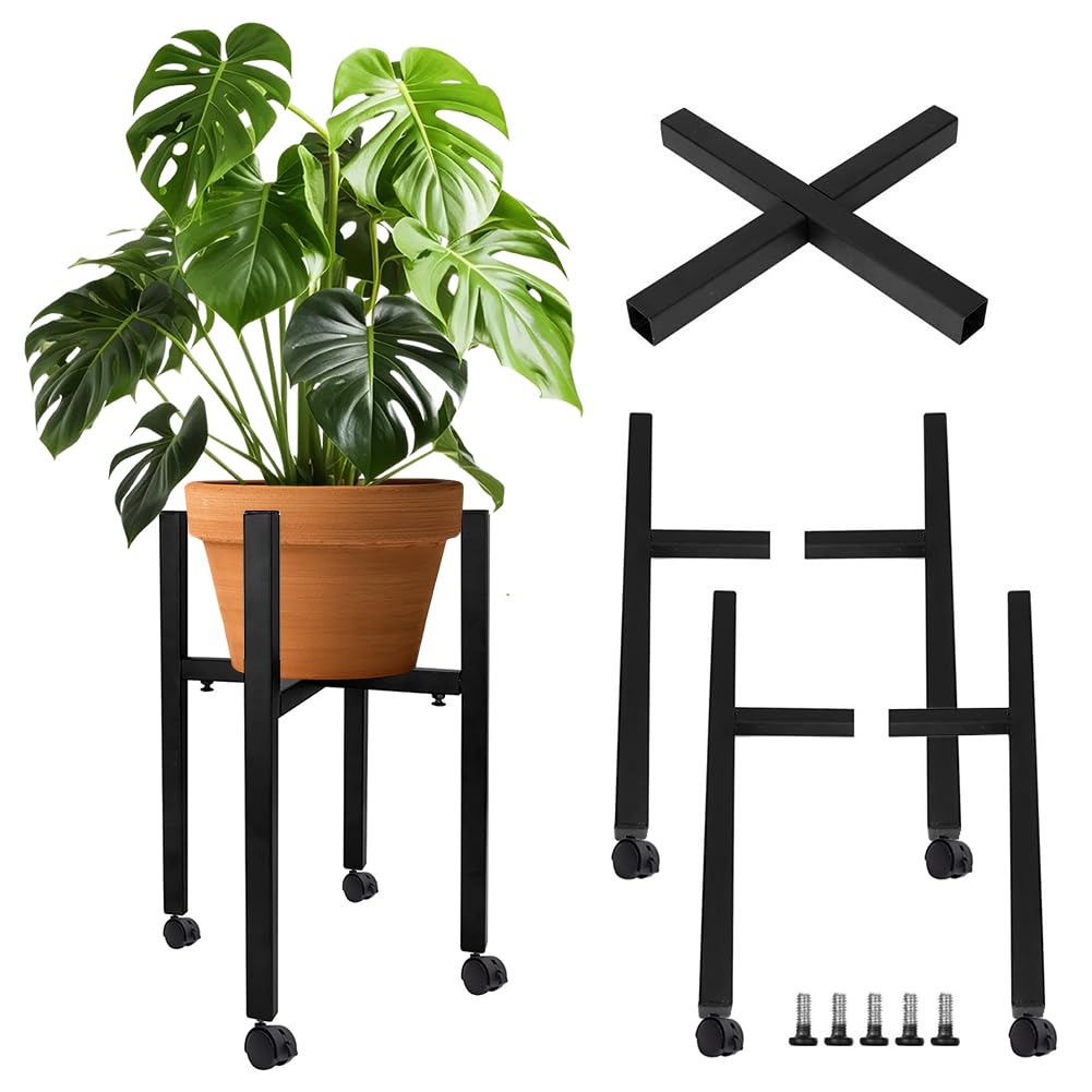Pflanzentisch, Blumenhocker mit 4 Rollen, Pflanzenhocker, Metall Blumenständer Schwarz für Töpfe 24-38 cm, Pflanzentisch und Pflanzenhocker für Garten, Balkon, Wohnzimmer, Indoor und Outdoor Deko