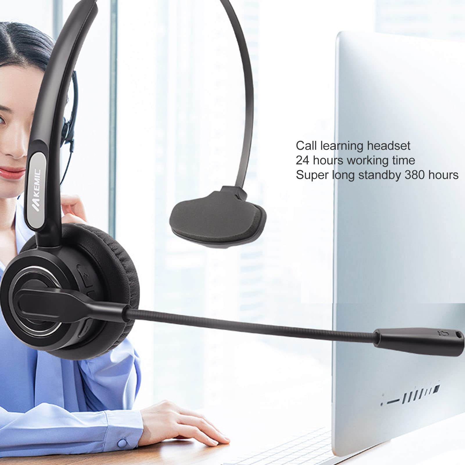 Zestaw Słuchawkowy Bluetooth z Mikrofonem, Bezprzewodowy Zestaw Słuchawkowy z Redukcją Szumów na Jedno Ucho Regulowany Zestaw Słuchawkowy do Telefonu Komórkowego do Komputerowych Centrów Telefonicznyc
