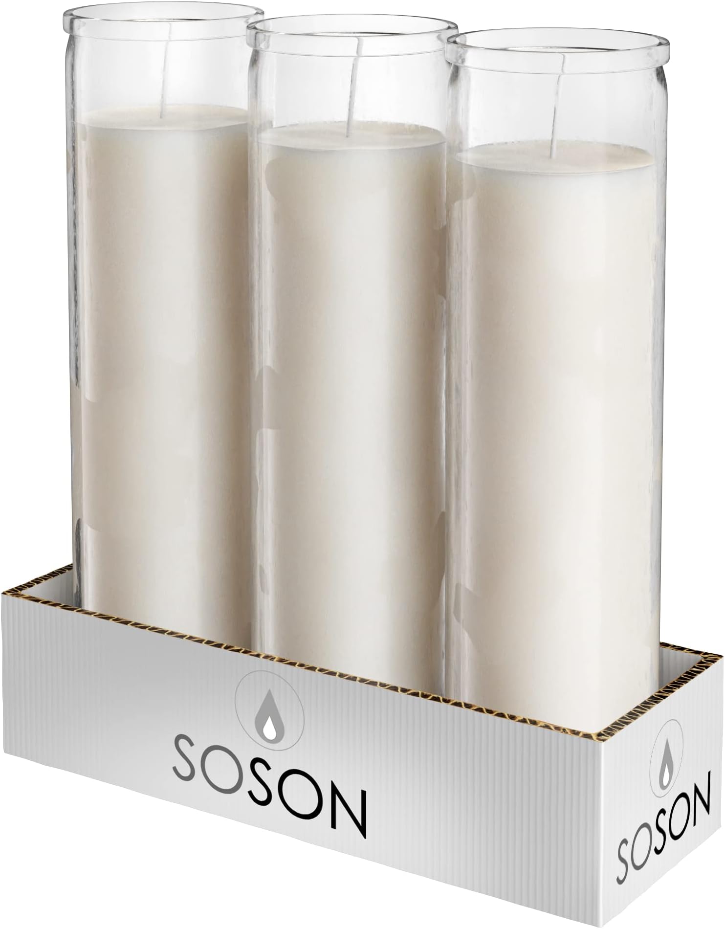 Simply Soson 2x8 inch 7 Day White Pillar Candles in Glass Set of 3, Up to 90 Hour Burn time, Unscented Prayer, Religious Candles for Memorials, Vigil, and Emergency