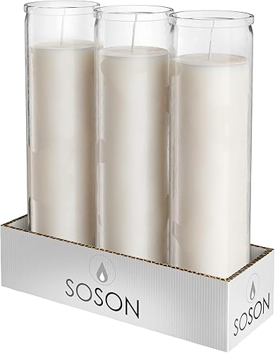 SIMPLY SOSON Velas blancas de 2 x 8 pulgadas en cristal, paquete de 3 90 horas Velas de oración en velas de meditación de cristal, velas