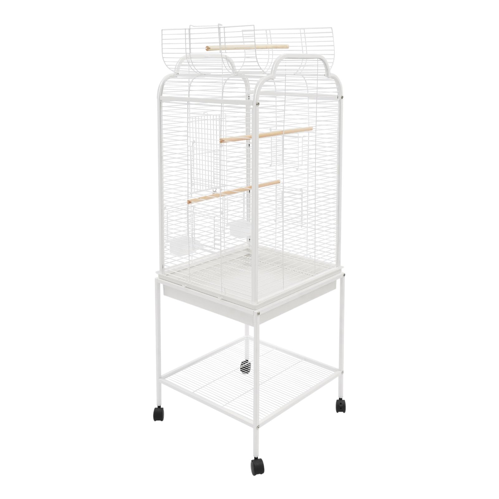 Pajarera grande con 2 cajas de comida, color blanco | Jaula para pájaros con 4 ruedas (2 frenos), con 3 sillas de madera, para pájaros pequeños y medianos (48 x 46 x 134 cm)