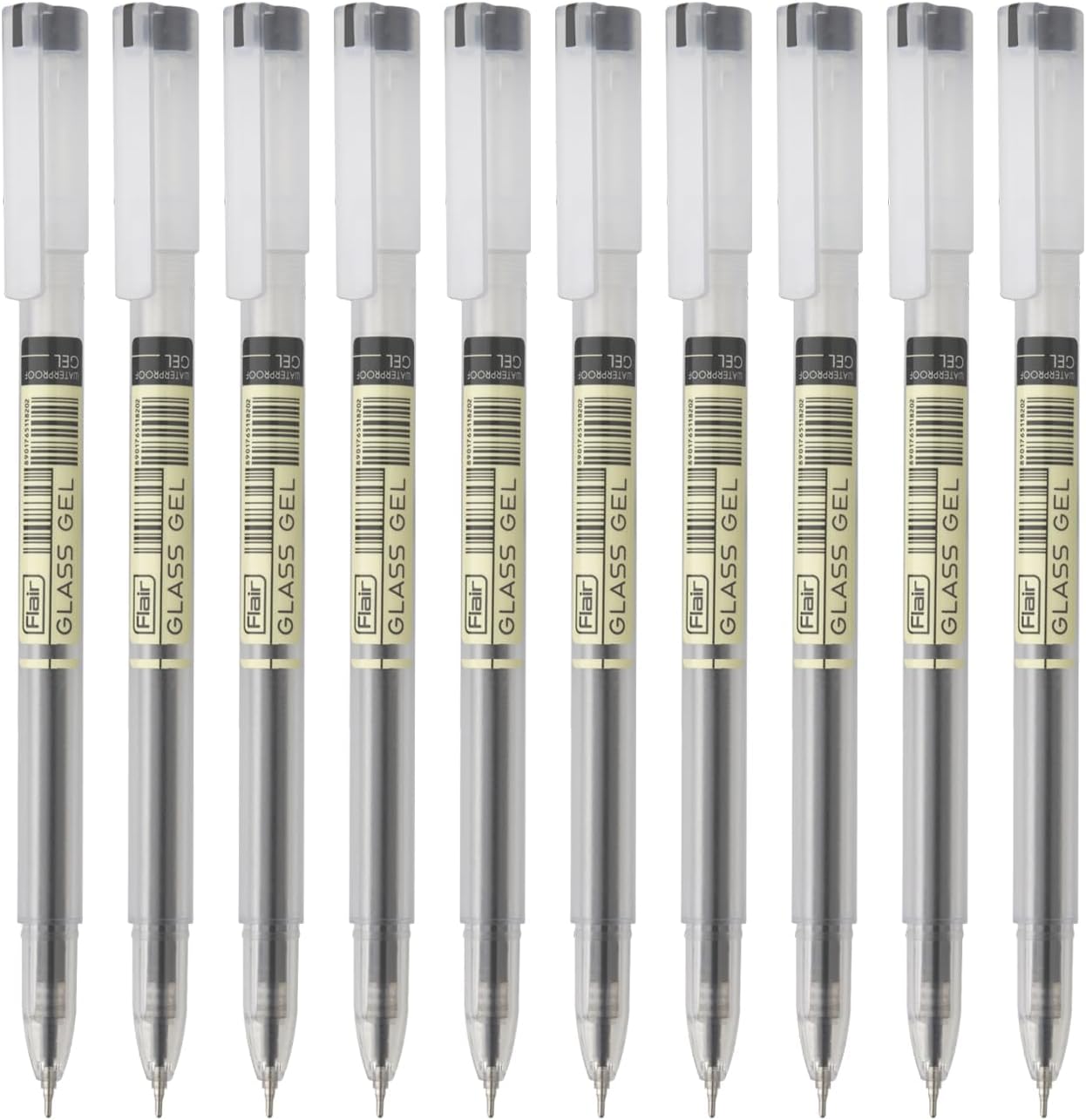 FLAIR Glass 0.6mm Gel Pen | Water Proof Ink for Smooth Flow System | Low-Viscosity for Smudge Free Writing | Quick Dry | Transparent Body With Fine Tip | Black Ink, Pack of 20