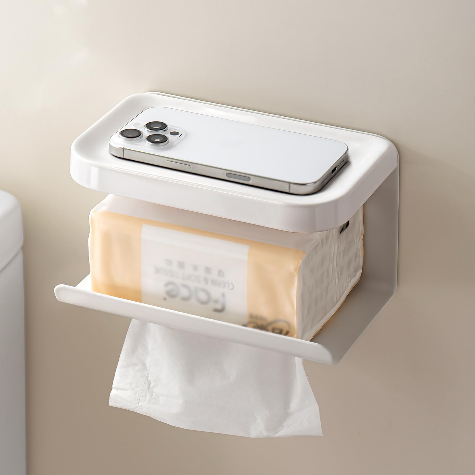 Photo 1 of [Space-Saving 2-in-1] Wall Mounted Facial Tissue Holder with Storage Shelf [No-Drill Adhesive] Modern ABS & Metal Organizer for Bathroom, Kitchen, and Vanity, Rust-Proof & Heavy Duty, White