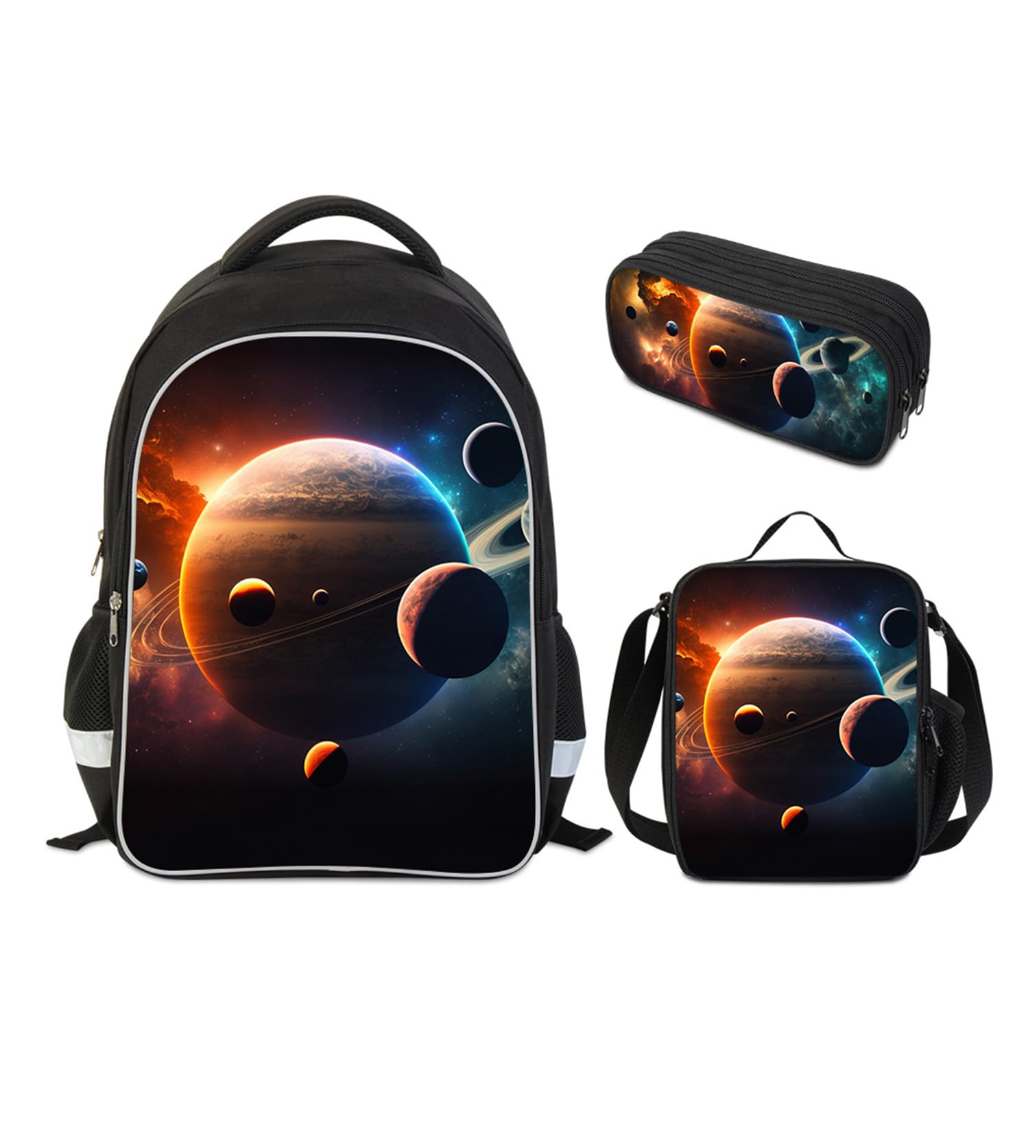 AnySmic Kids School Backpack Set for Boys and Girls, Space Planets Theme, Kids Galaxy Backpack with Lunch Box and Pencil Case, 3Pcs Combo, Ipad