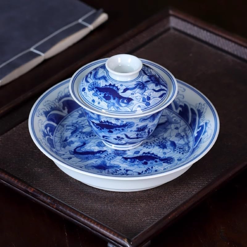 Tea Cup Hand-Painted Blue and White Porcelain Fish and Algae Pattern Covered Bowl Set Antique Ceramic Personal Kung Fu Soaking Container