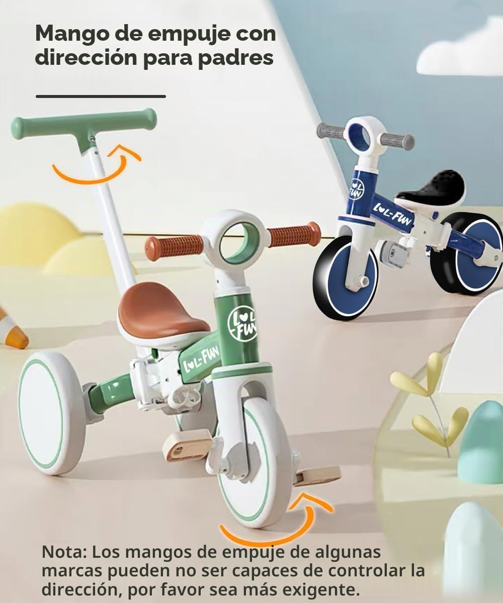 LOL-FUN Triciclo 5 en 1 con Mango de Dirección para Padres, Bicicleta de Equilibrio para Niños de 1 a 4 Años con Pedales Extraíbles