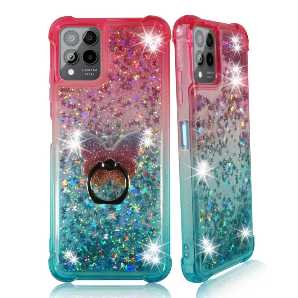 Zase Clear Phone Case for T-Mobile Metro REVVL 6X PRO 5G / 6 PRO Liquid Glitter Sparkly Cute Floating 3D Butterflies Bling Shockproof Waterfall Quicksand w/Phone Ring Holder (Gradient Pink Aqua)