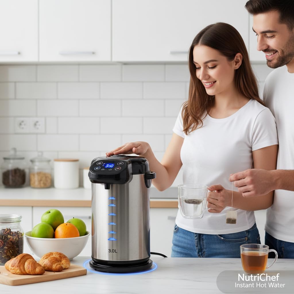 nutrichef electric water boiler and warmer - 3l/3.17 qt stainless steel electric hot water dispenser w/rotating base, auto shut off, safety lock, instant heating for coffee & tea (nchub13) 3.2 quarts