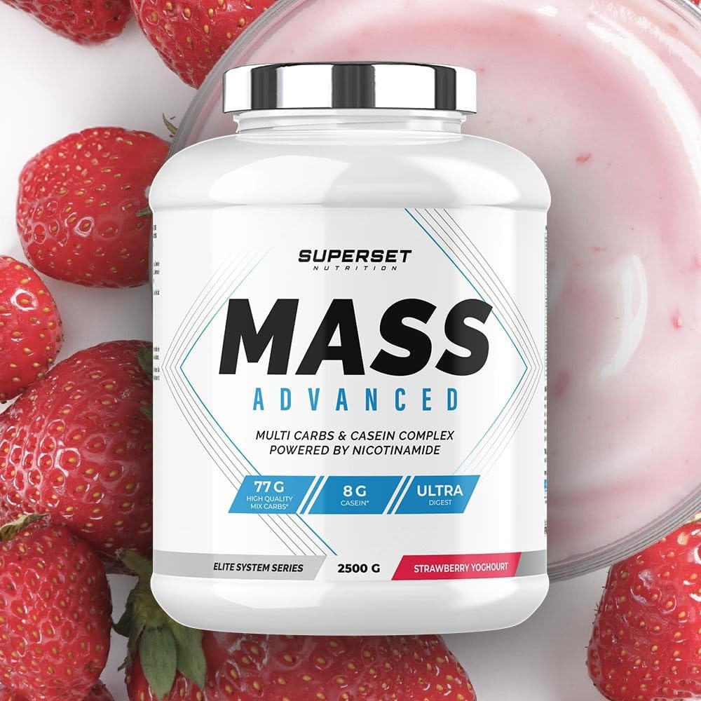 Superset Nutrition - Mass Advanced (2,5kg) - Gainer - Favorise le gain de masse musculaire et la récupération, apport important en calories + Vitamines - Énergie et digestion améliorées - Fraise