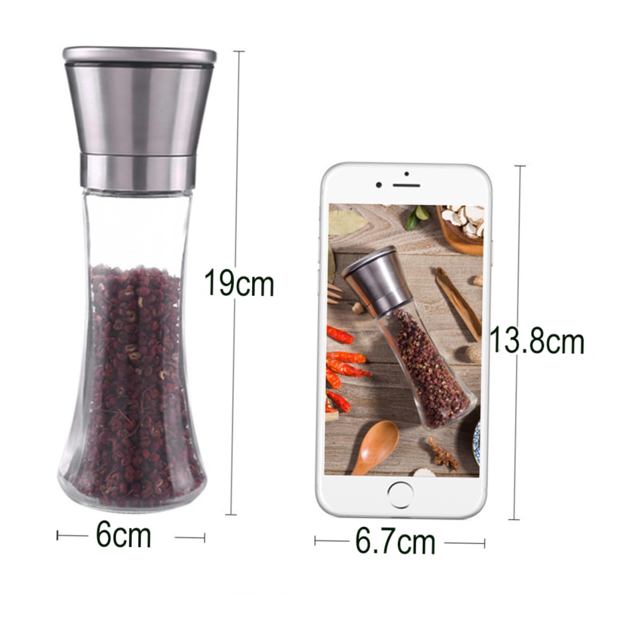 COLLBATH Adjustable Pepper and Salt Grinder 304 Stainless Steel Handheld Pepper Mill Salt and Black