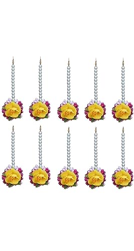 Sarthak Royal Flower Maang Tikka Jewellery Set for Wedding | Baby Shower | Haldi | Mehandi | Party in Yellow Colour for Girls and Women(Combo of 10)