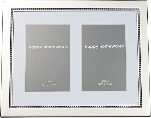 Miniatura 2 de Happy Homewares Elegante portarretratos doble de metal chapado en níquel pulido con tarjeta interior blanca  Dos fotografías de 4 x 6 pulgadas