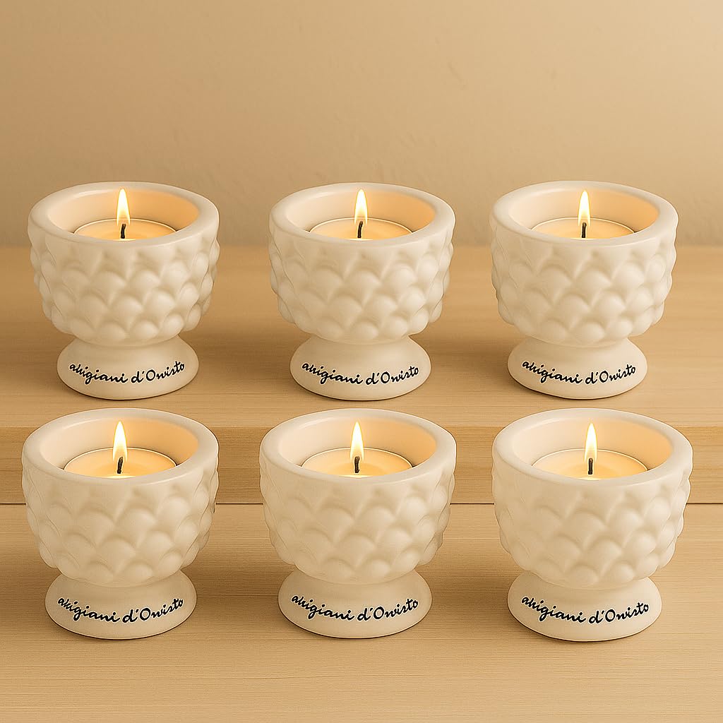 Porta Tealight Pigna in Ceramica Bianca – Set 6 Pezzi – Design Elegante per Candele Tealight – Decorazione per Casa, Tavolo o Eventi – Idea Regalo