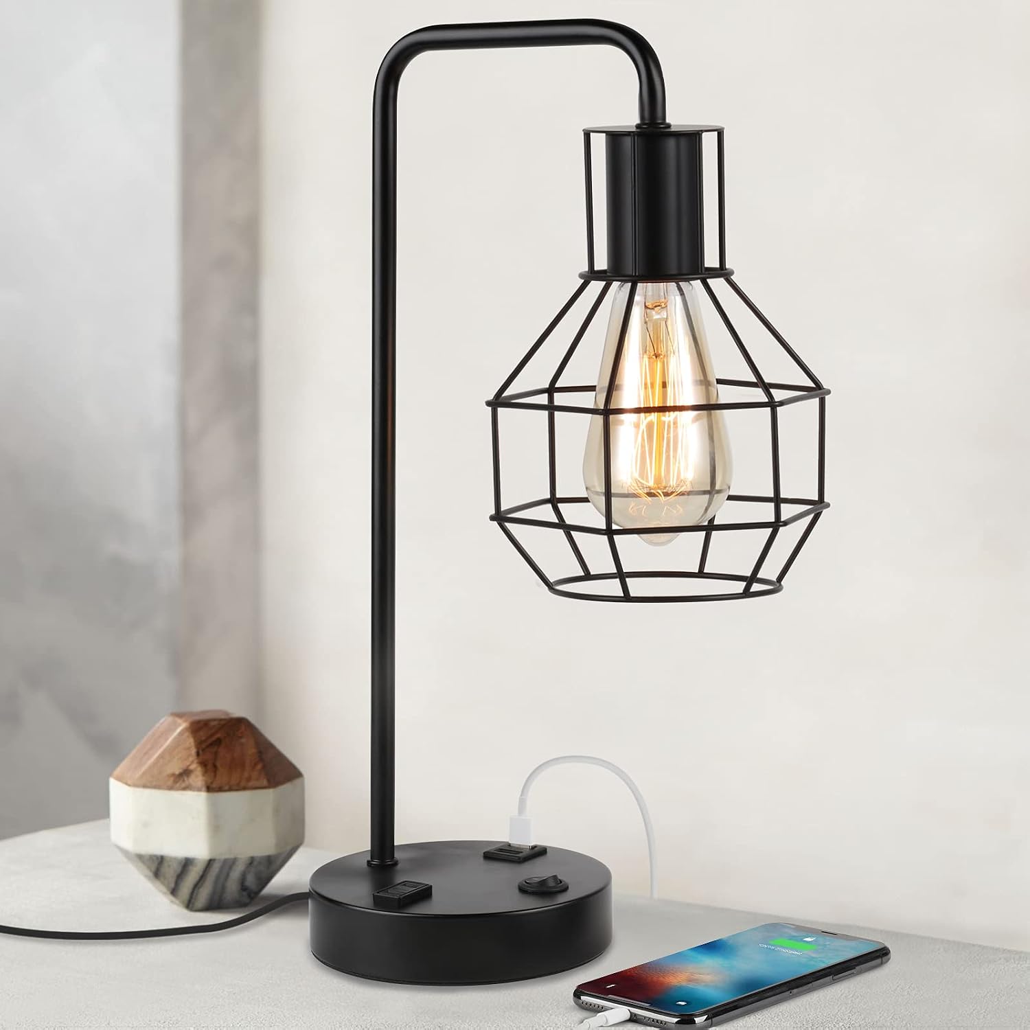 USB Edison Desk Lamp, Industrial Beside Table Lamps with 2-Prong AC Outlet, Modern Bedside Reading Lamp with Black Metal Wire Cage for Bedroom, Living Room, Study