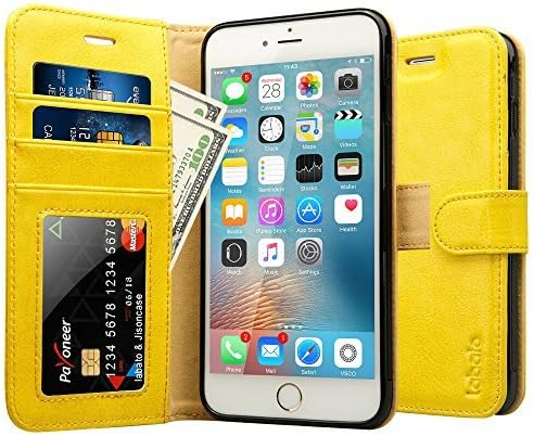iPhone 6S Plus Case, Labato Genuine Leather Wallet Folio Flip Case Cover Magnetic Stand Function with Card Slots/Cash Compartment for Apple iPhone 6 Plus/ 6S Plus 5.5"- Yellow (lbt-I6U-05Z80)