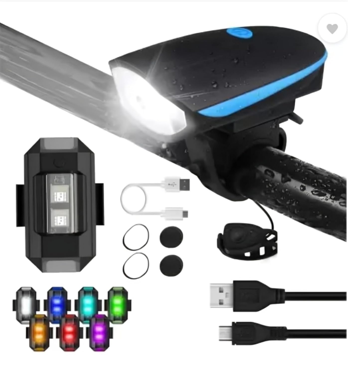 LED Bike Light Combo: Front Light + 140 dB Horn & Multicolor Rear Light - Rechargeable, Water Resistant, Silicone Mounts-image-0