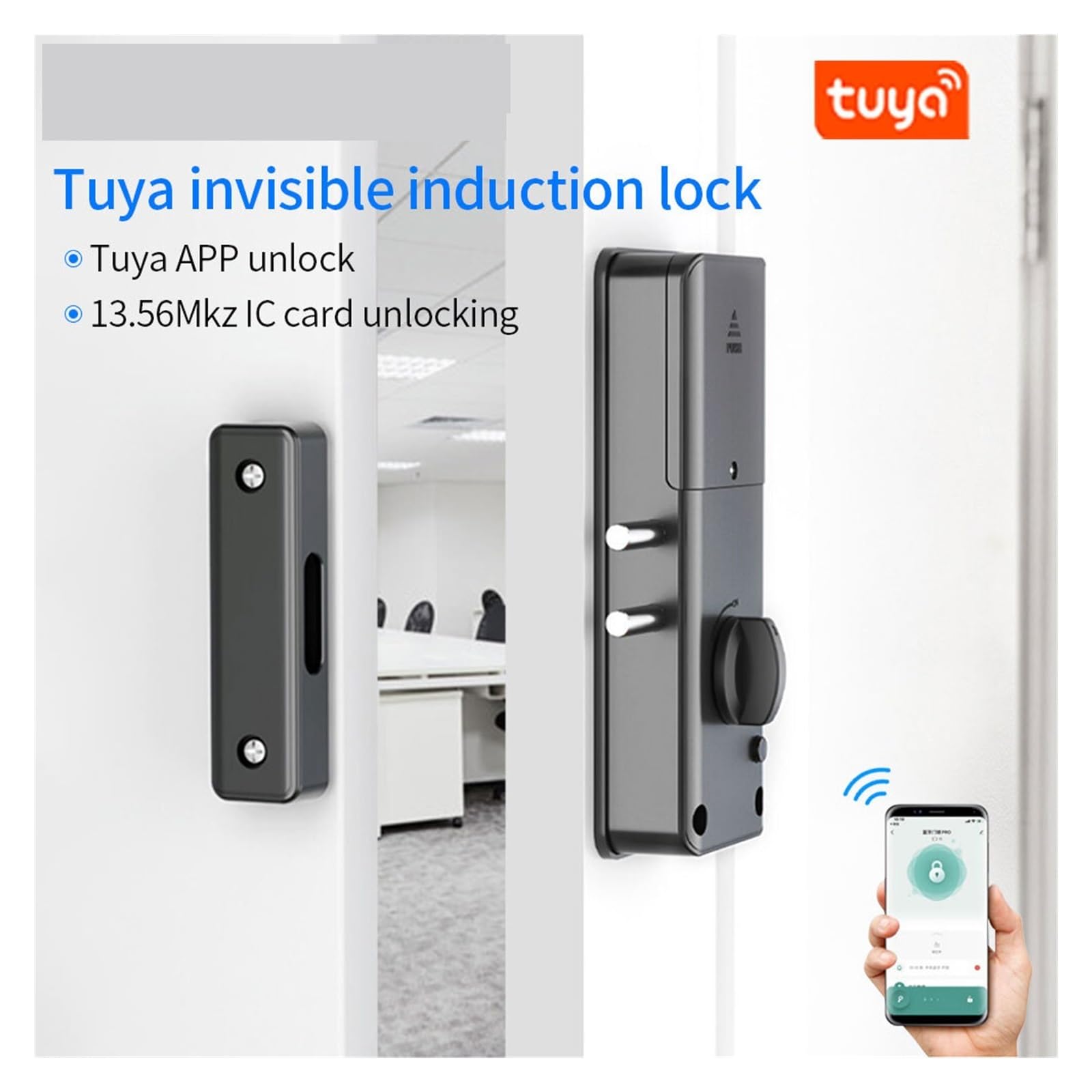 Cerradura de motor eléctrico inteligente con aplicación Tuya, cerradura de puerta de entrada sin llave, instalación invisible oculta, cerradura de tarjeta IC para puerta de madera