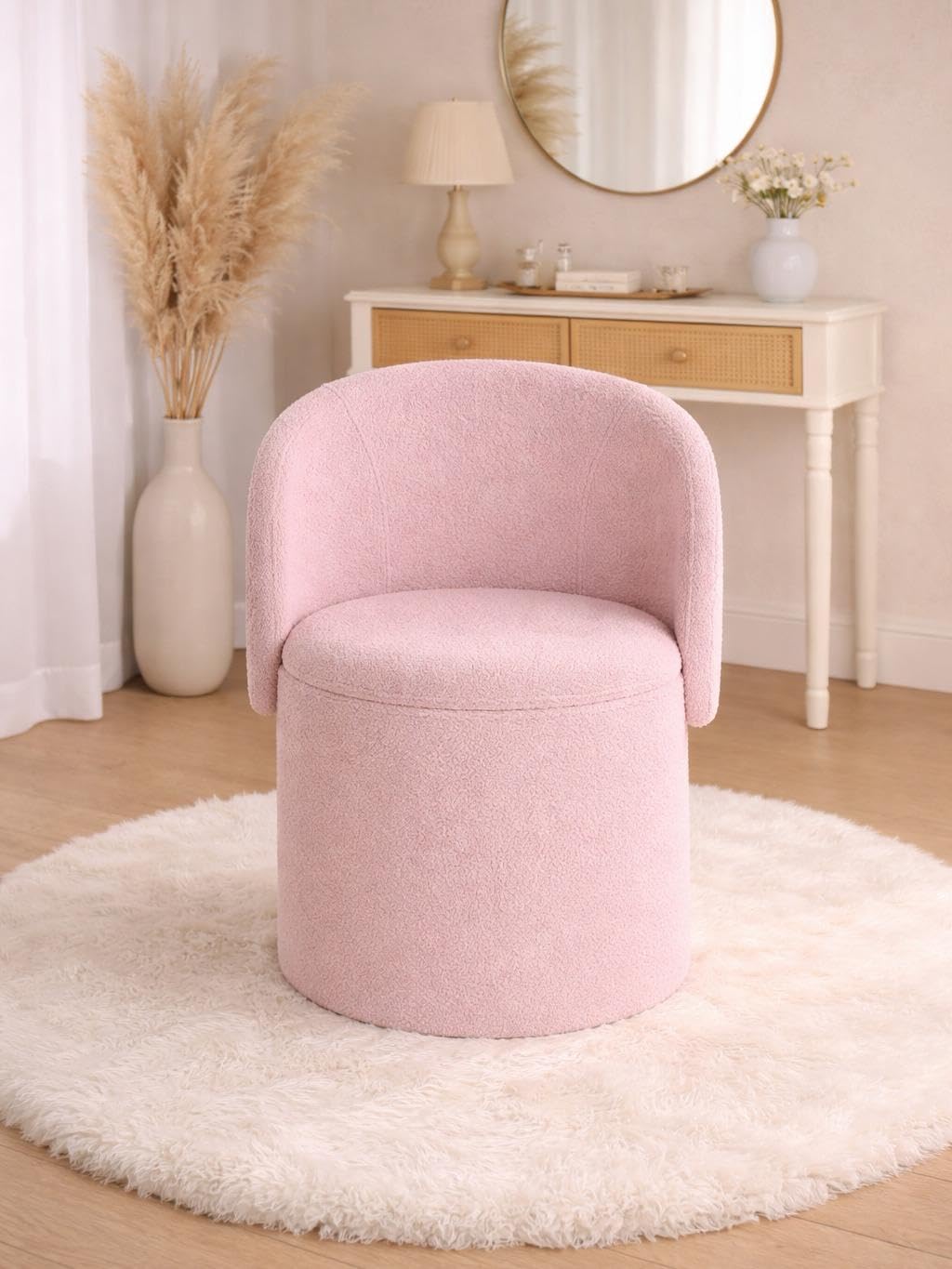 BLOOM BLENDS Teddy Boucle Tub Chair With Hidden Storage, Round Vanity Seat With Curved Back and Lift-Off Lid, Wooden Frame, 150kg, 46 x 62 cm (Pink)
