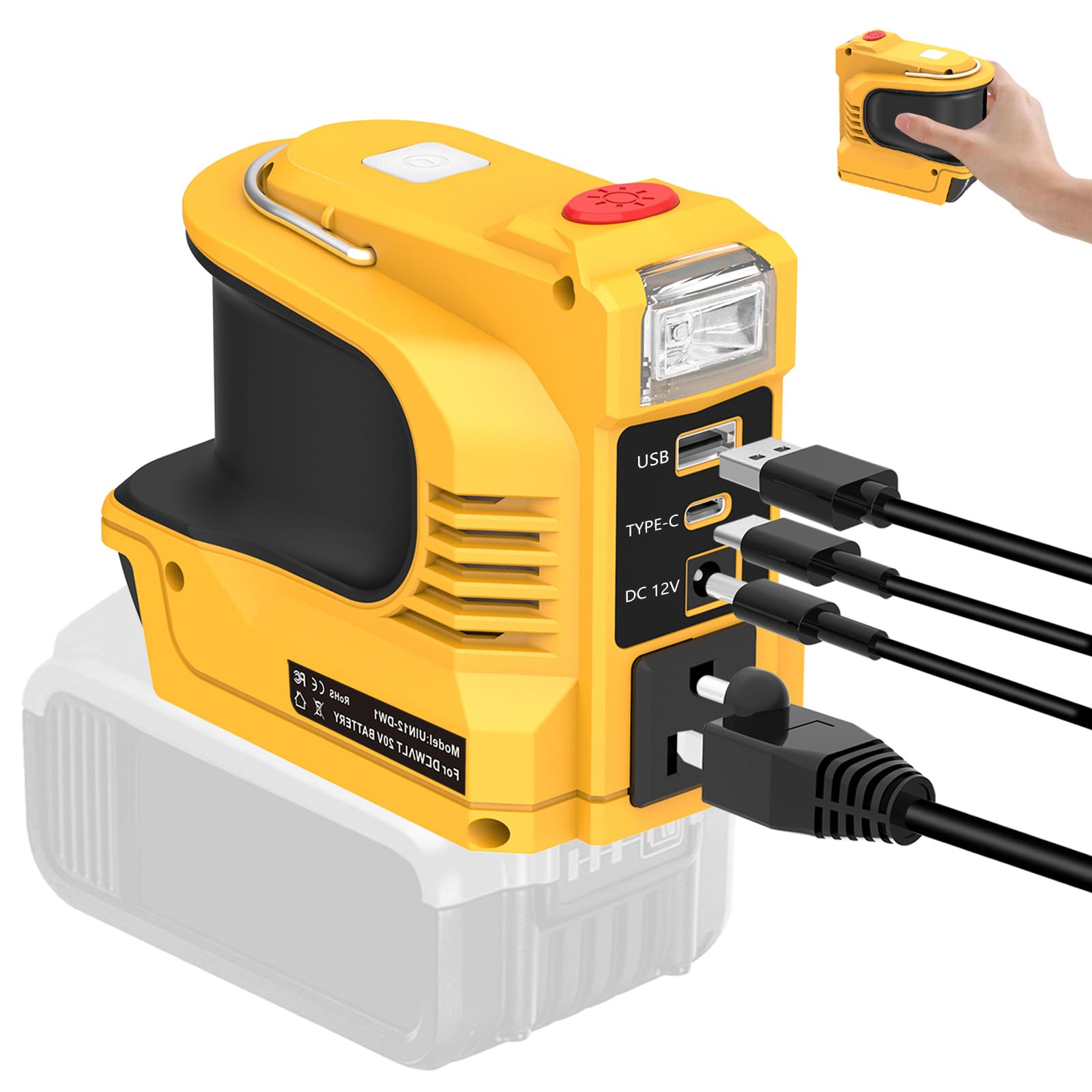 180W Power Battery Adapter for Dewalt 20V, DC 20V to AC 110-120V Portable Power Adapter with 2 USB Ports, 1 Type-C, and 1 AC Outlet (No Battery)
