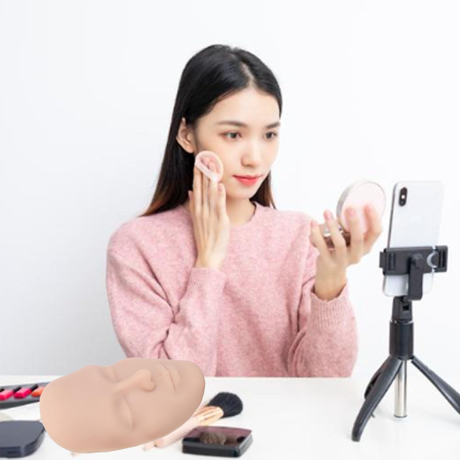 Silicone Makeup Mannequin Face Easy To Use, Reusable, Portable, Complete Makeup Brush Set, Training Experience for Practice Face, Eye, Eyebrow, Lip Makeup (Medium Skin Color)