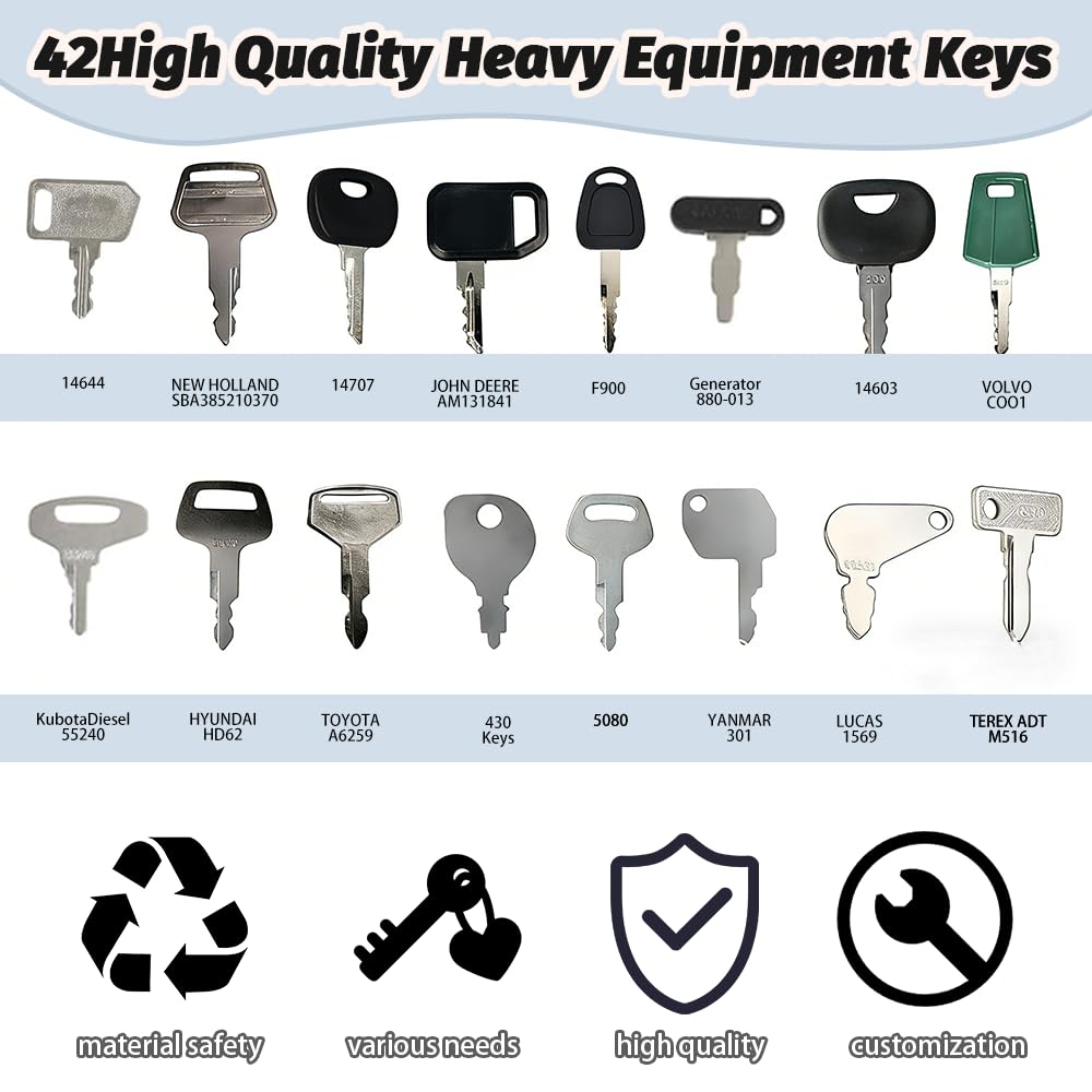 Lot de 42 clés pour engins de chantier - Clé d'allumage - Clé de démarrage - Clé de pelleteuse - Clé d'allumage - Clé d'allumage - Machines de construction pour Cat Komatsu Kubota Hitachi Takeuchi