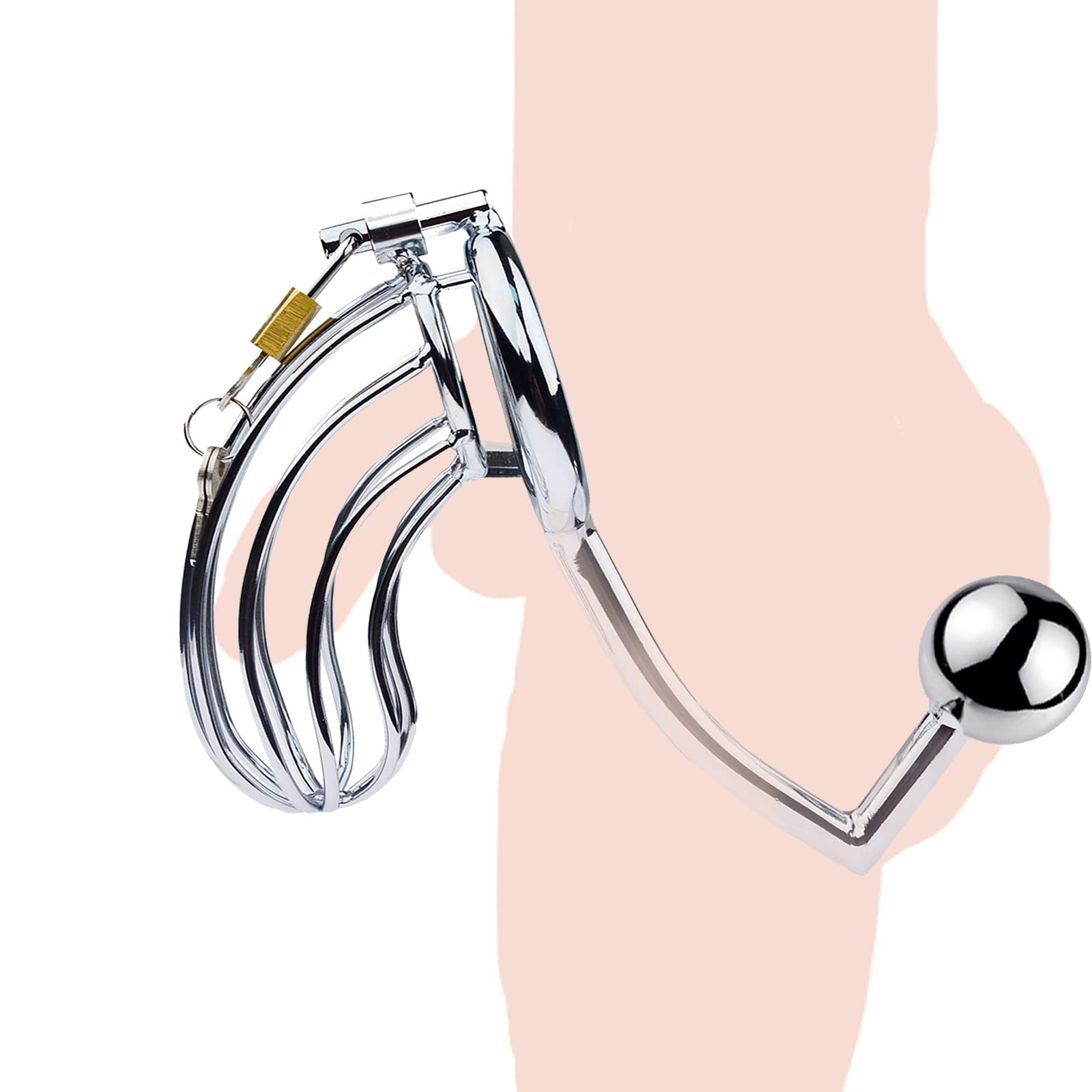 Gabbia per pene in acciaio inossidabile 2 in 1 con anelli per il pene BDSM Gabbia di castità in metallo con gancio anale Cintura di castità per uomo Dispositivo di castità Dilatatori(50mm)