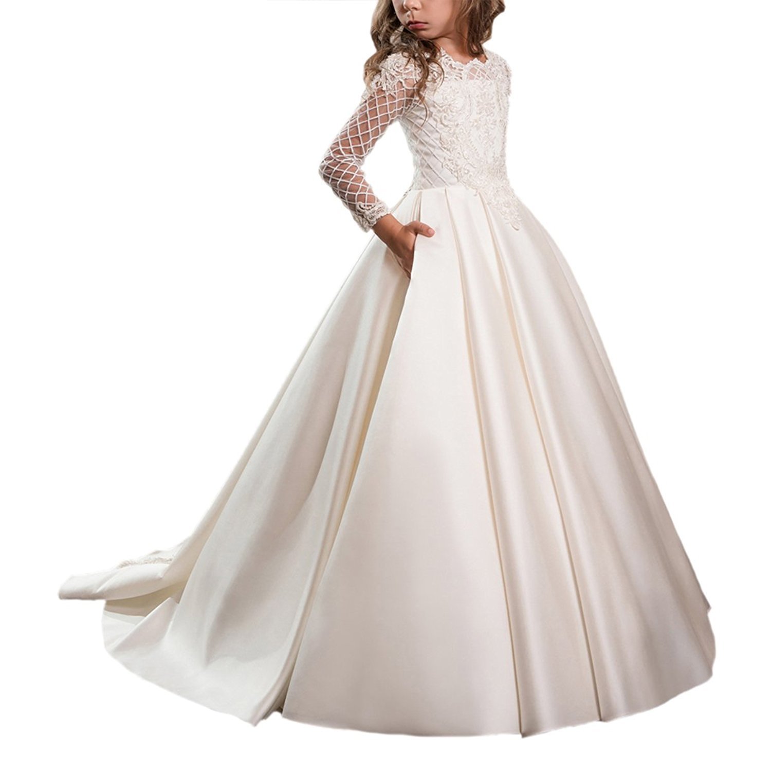 WDE Satin First Communion Dresses for Girls with Sleeves Long Ball Gown