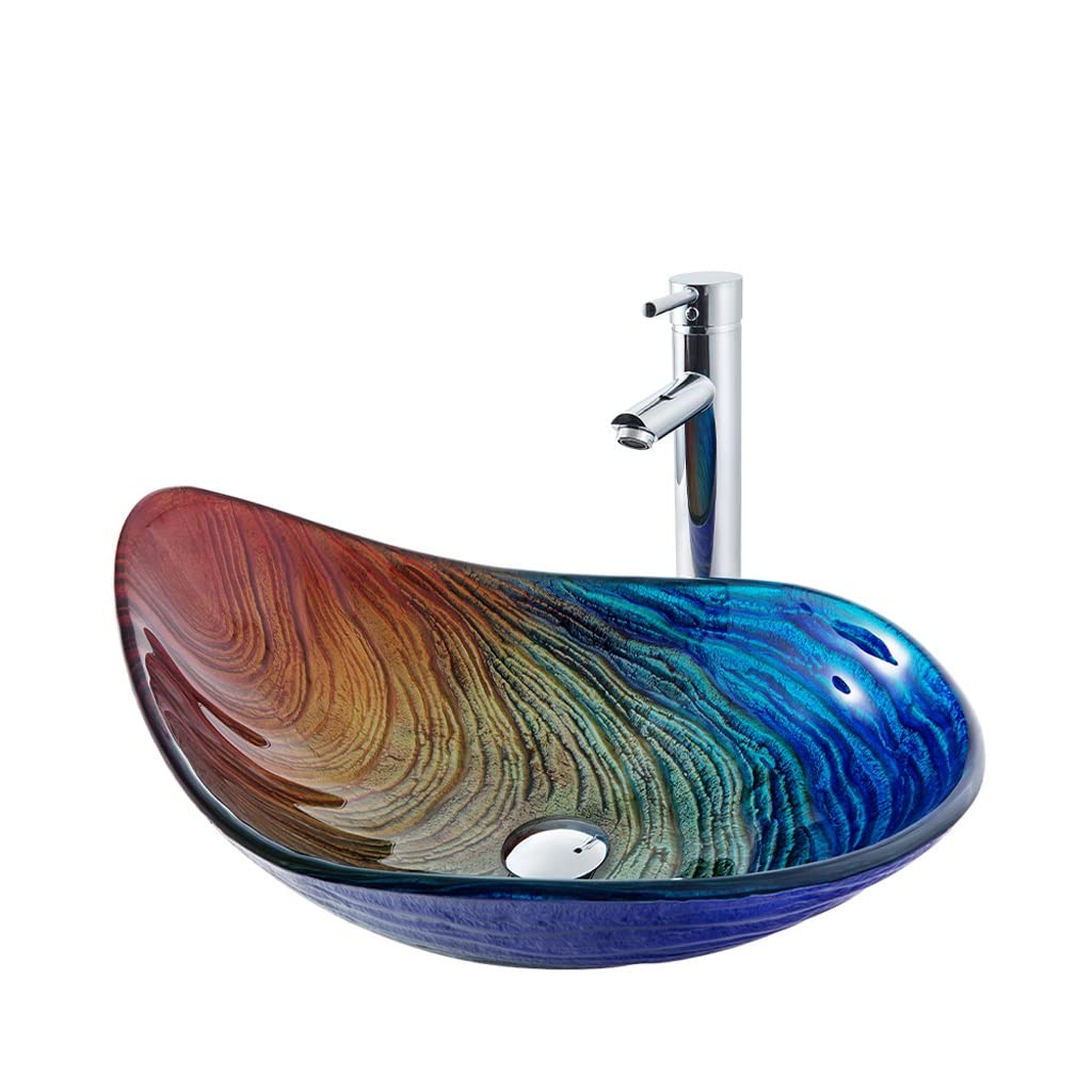 SBCGFY Vessel Sinks, Drain Sink Bathroom Tempered Glass Art Basin Above Counter Bathroom Vessel Vanity Sink Bowl With Faucet Combo Farmhouse Sink,Sink Set