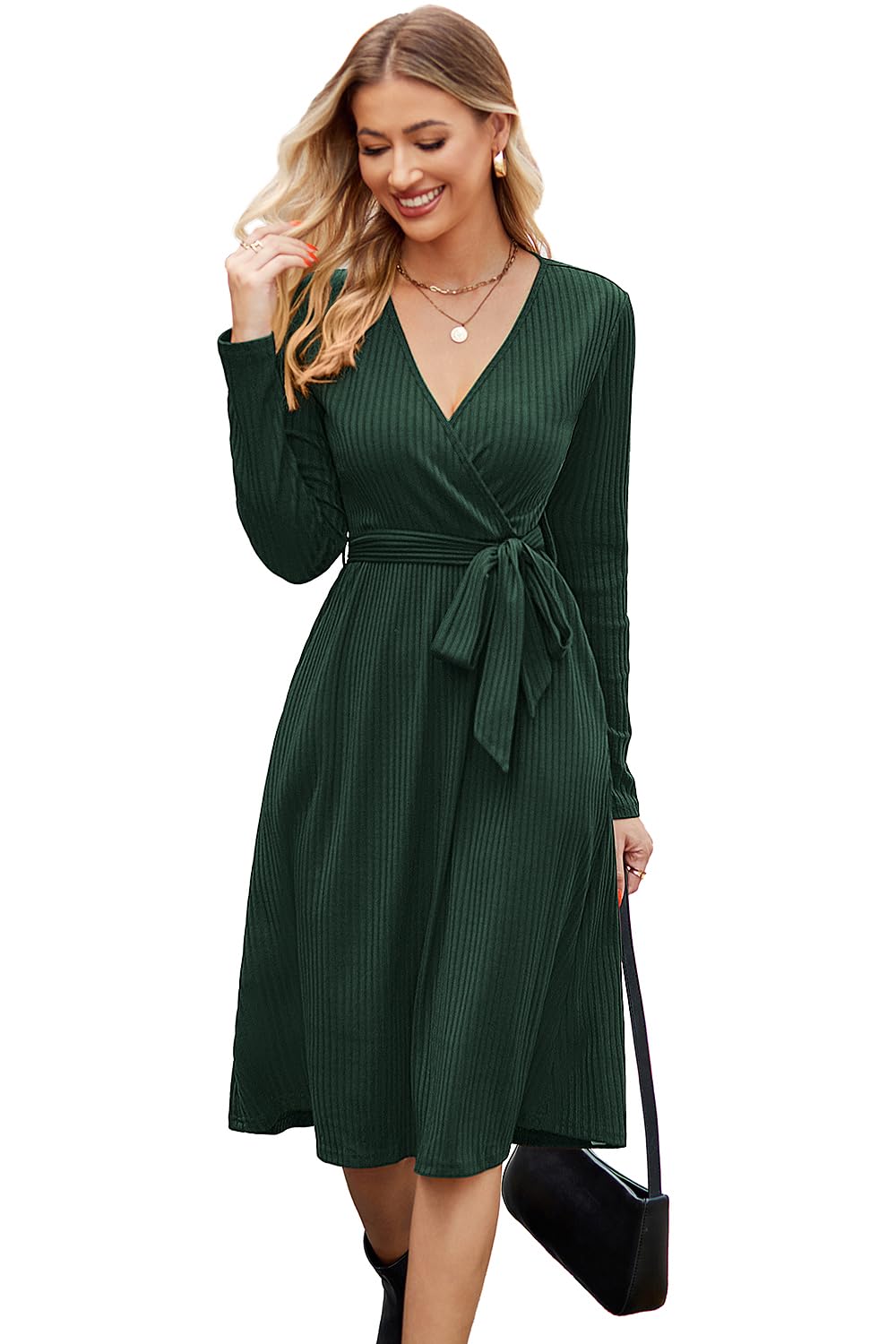 Newshows Womens 2025 Fall Dresses Teacher Church Business Casual Work Outfits Knit Midi Sweater Pockets Belt Dress
