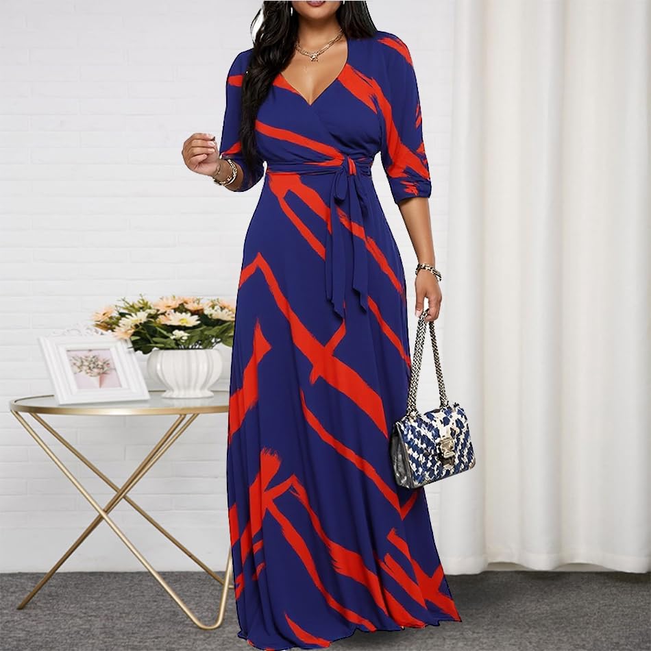 Image of CaniBtr Maxi Dresses for Women Plus Size 3 /4 Sleeve Long Dress with Belt