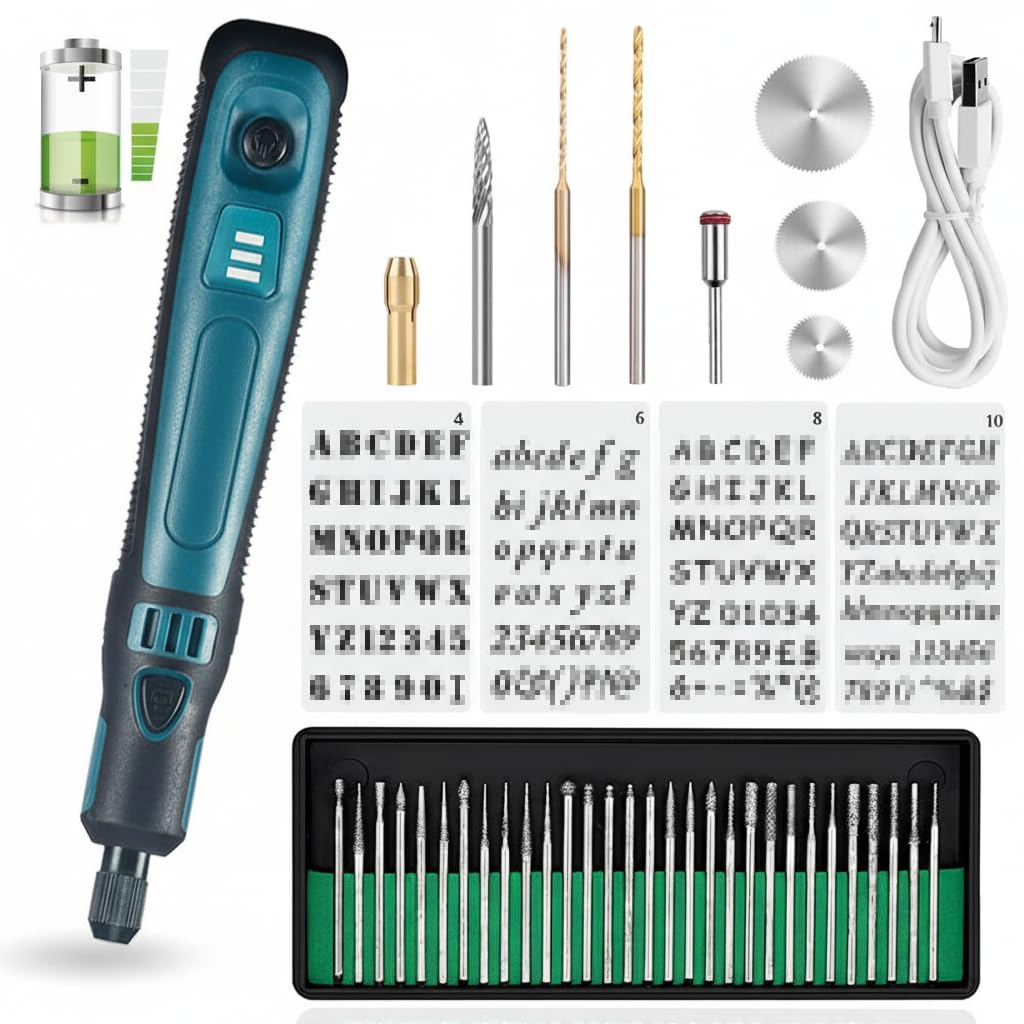 MAKINGTEC USB Cordless Electric Engraving Pen Kit, Mini 3-Speed Rotary Etching Machine Engraving Jewelry Leather Wood Glass,42pcs Engraver Tools for Metal with 30 Bits&Stencil