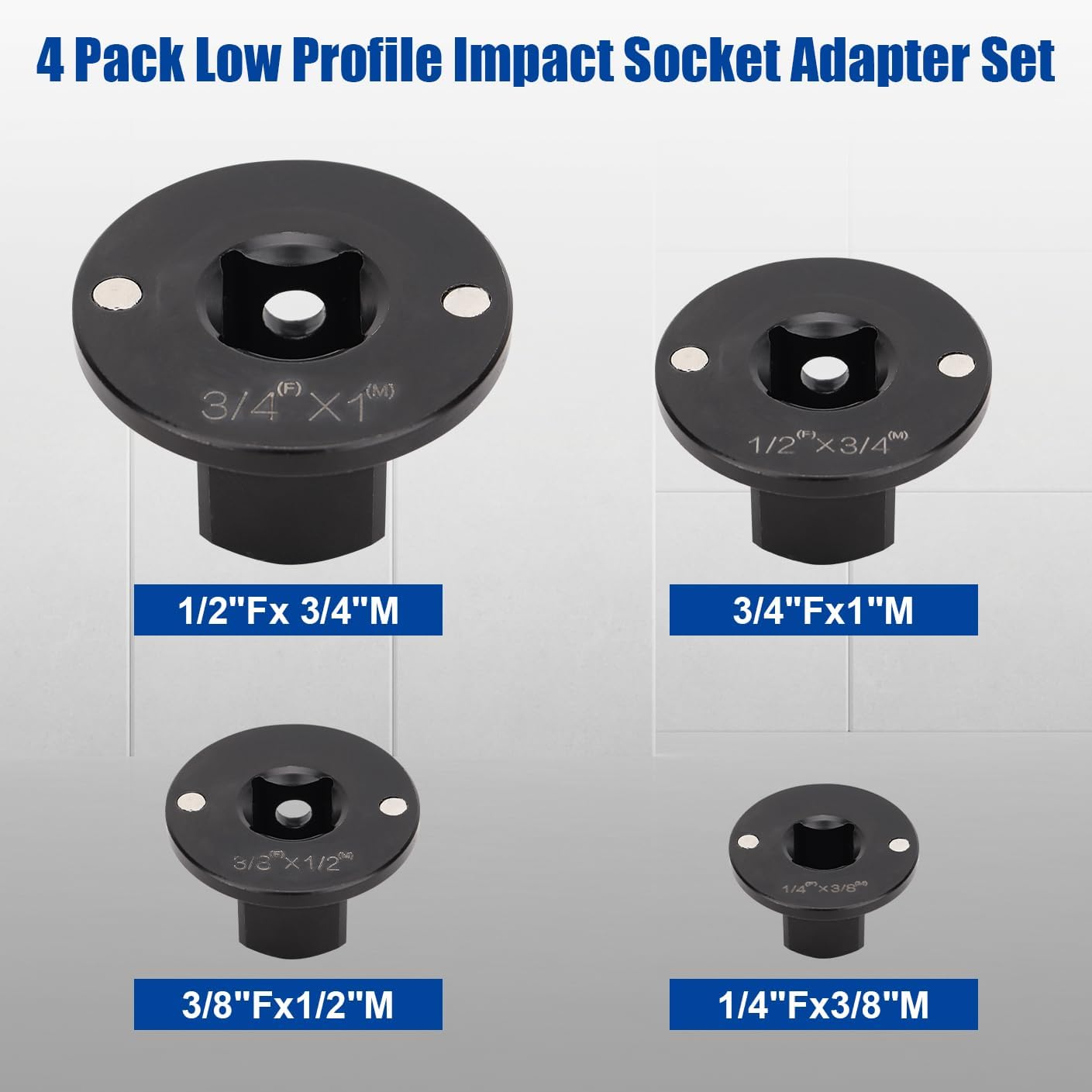 Low Profile Impact Socket Adapter Set - Drive Ratchet Adapter Set 1" to 3/4", 3/4" to 1/2", 1/2" to 3/8", 3/8" to 1/4" Magnetic Design, Works with Sockets/Wrenches/Cordless Drills 4PCS